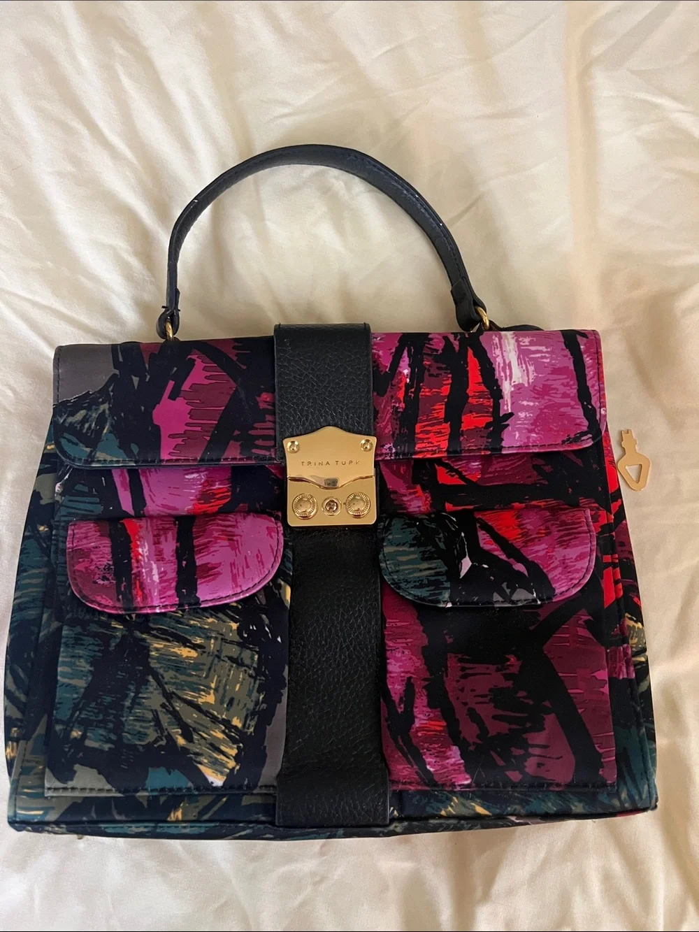 Trina Turk Multicolor Brushstroke Top-Handle Satchel in Pink, Red, Black